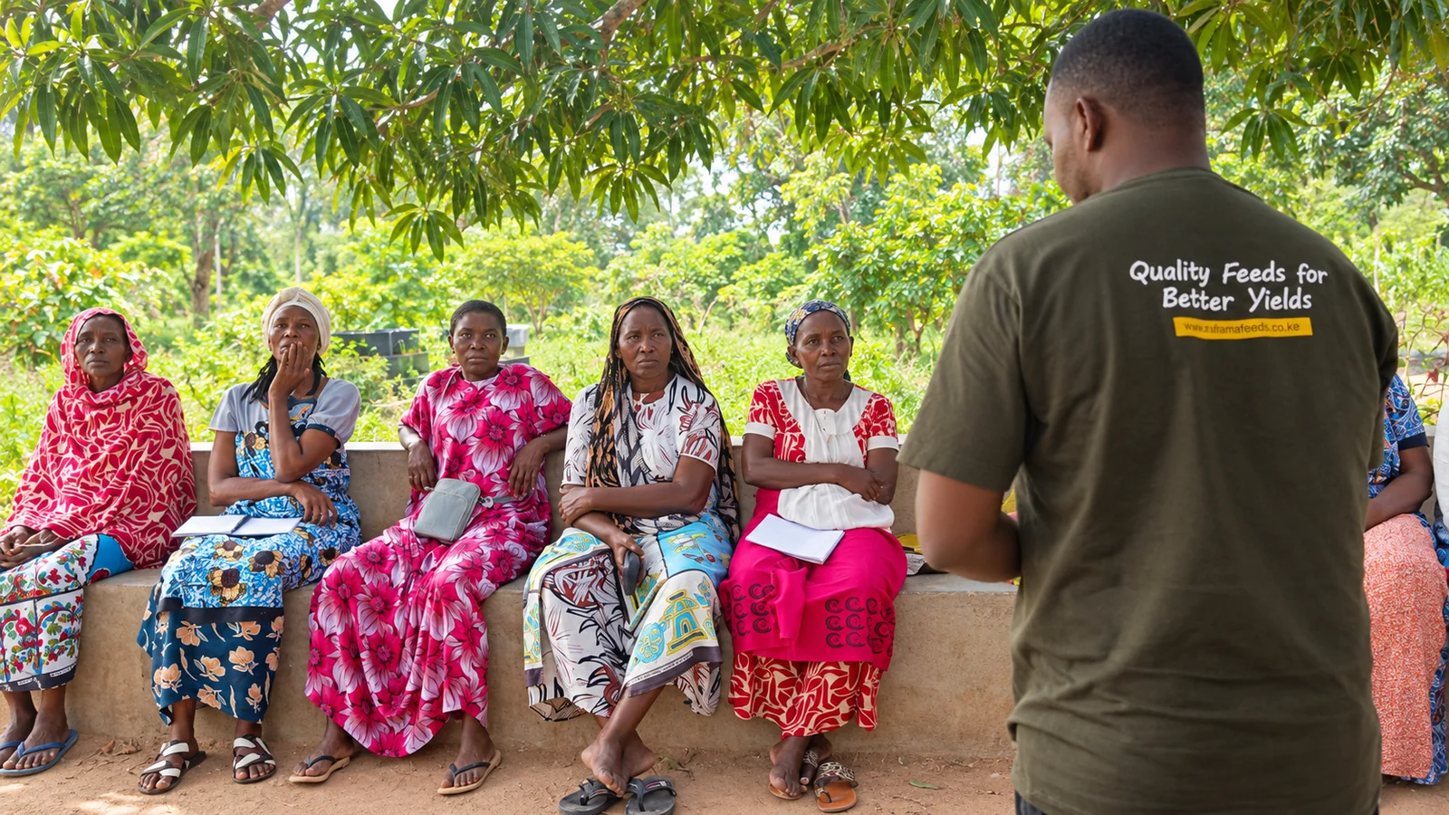 Afrifama team member speaking with a group of women seated beneath a tree.
