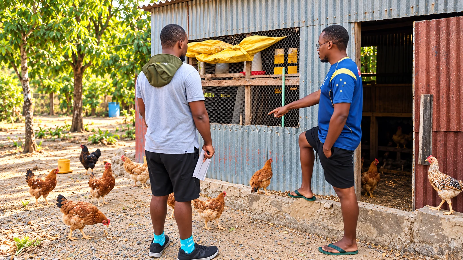 Two people reviewing a small poultry house with birds in the yard.