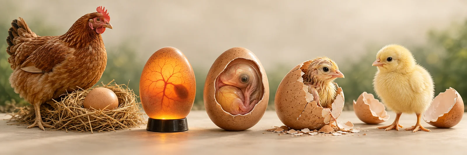 Illustrated journey from hen and egg to embryo, hatching and chick.