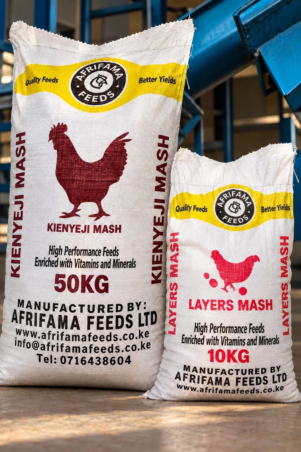 Afrifama Kienyeji Mash and Layers Mash bags with their labels visible.