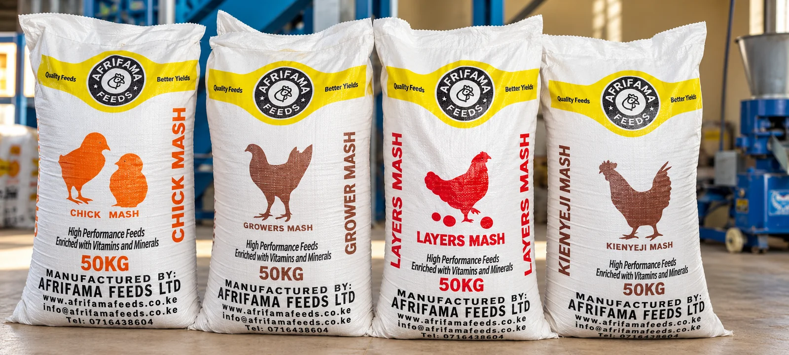Four labelled Afrifama bags: Chick Mash, Growers Mash, Layers Mash and Kienyeji Mash.