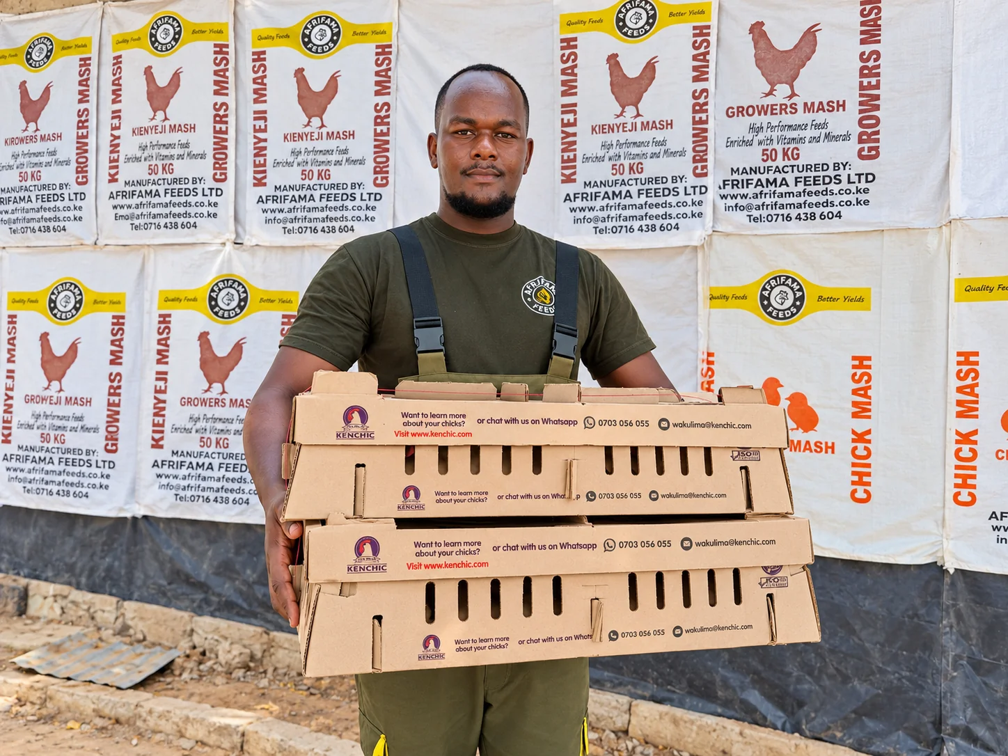 Afrifama team member holding ventilated chick transport boxes.