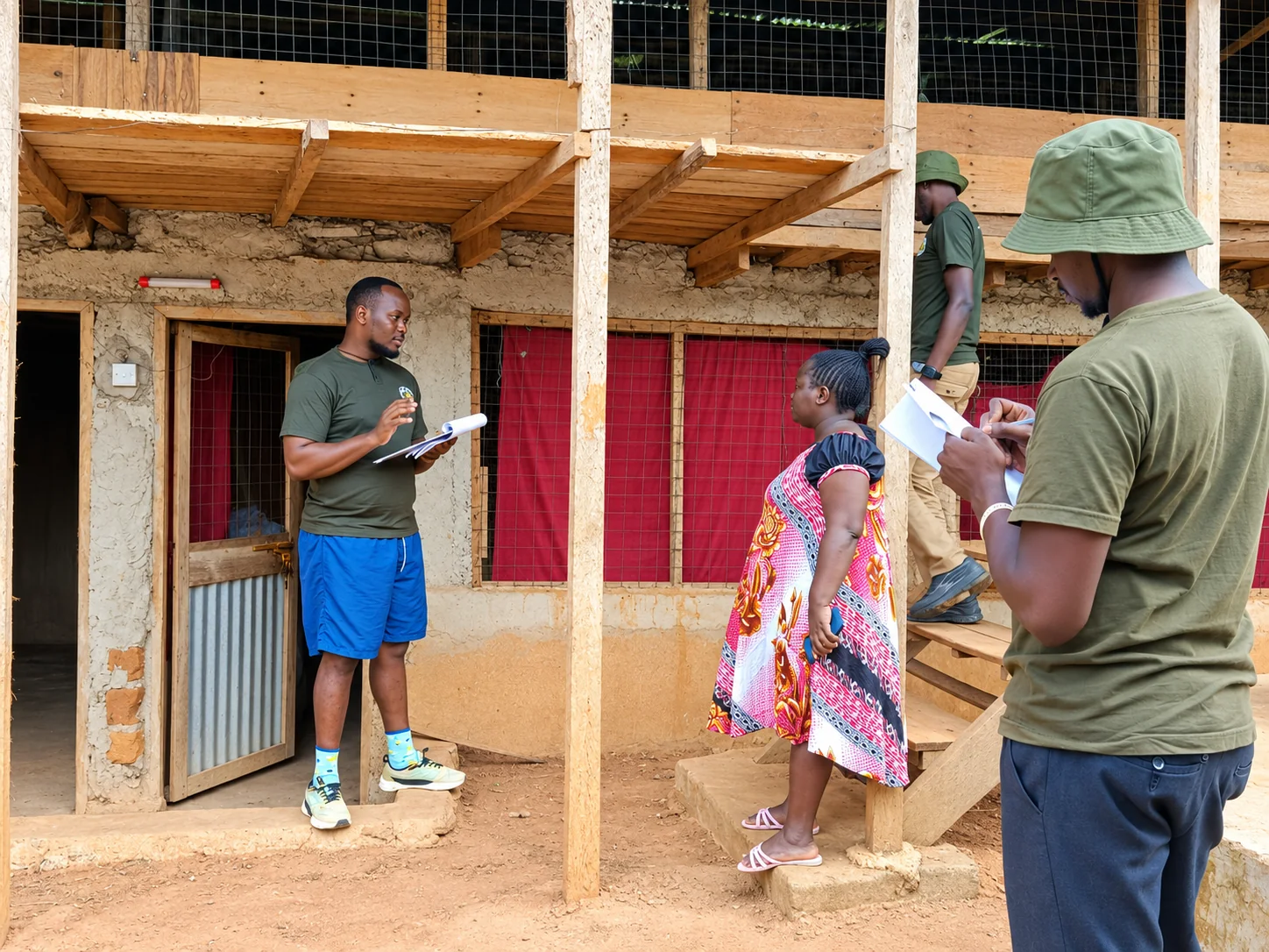 Farm visit with written notes and a conversation outside a poultry house.