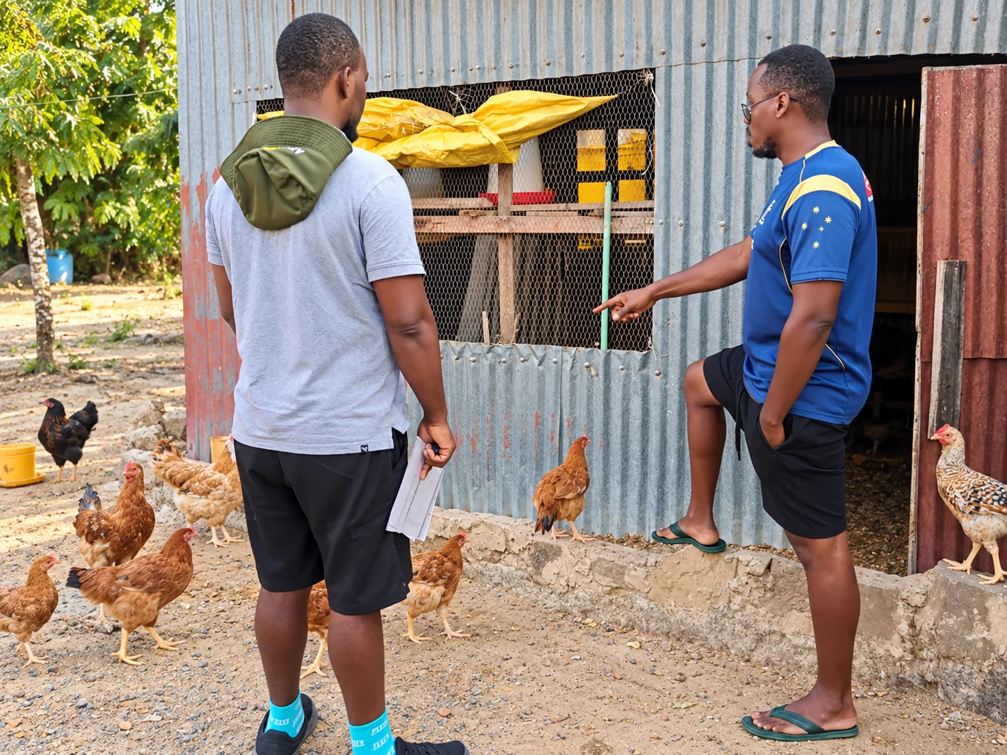 Farmer and visitor discussing a small poultry house with chickens outside.