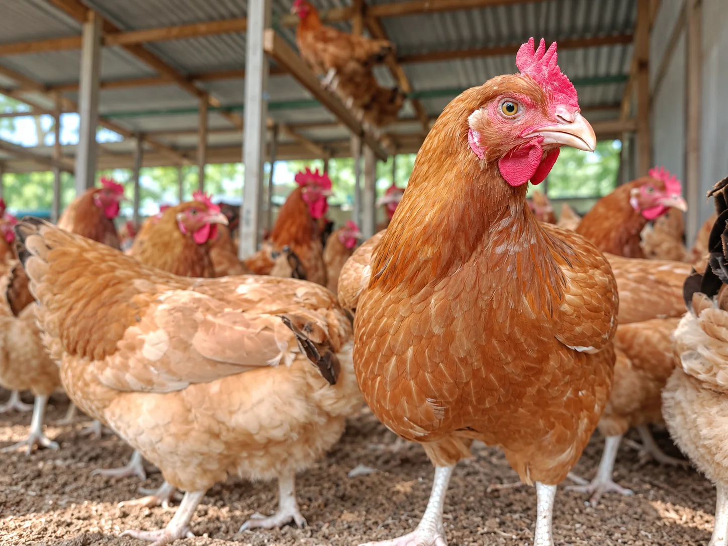 Brown hens resting on litter inside a poultry house.
