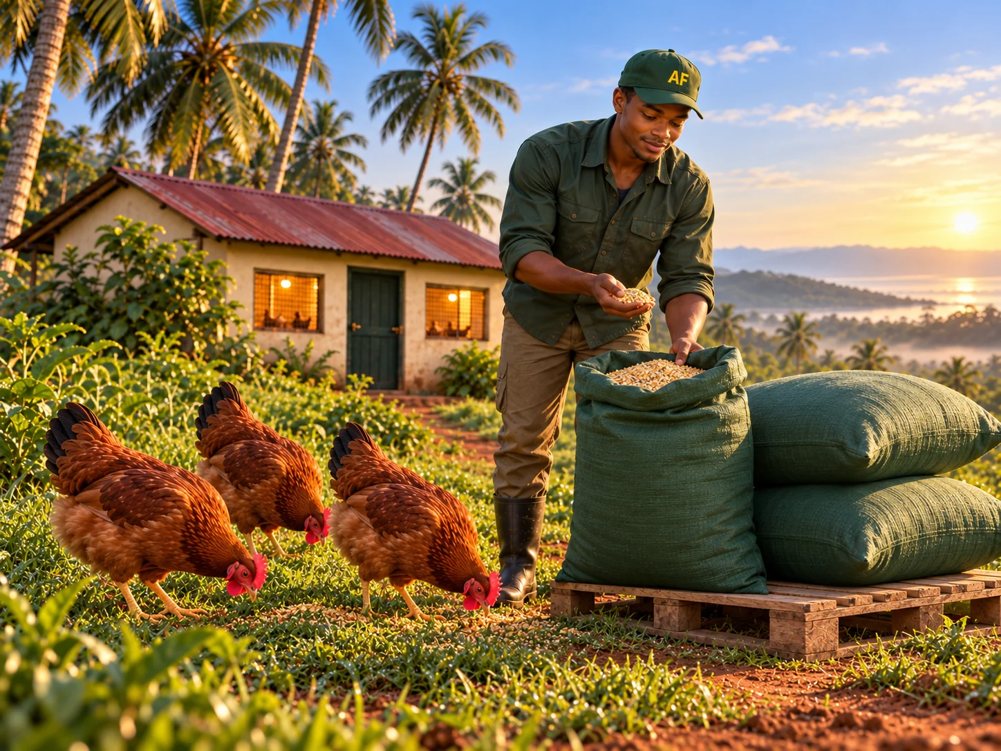 Adult smallholder farmer in his early-to-mid thirties checking poultry feed beside his flock