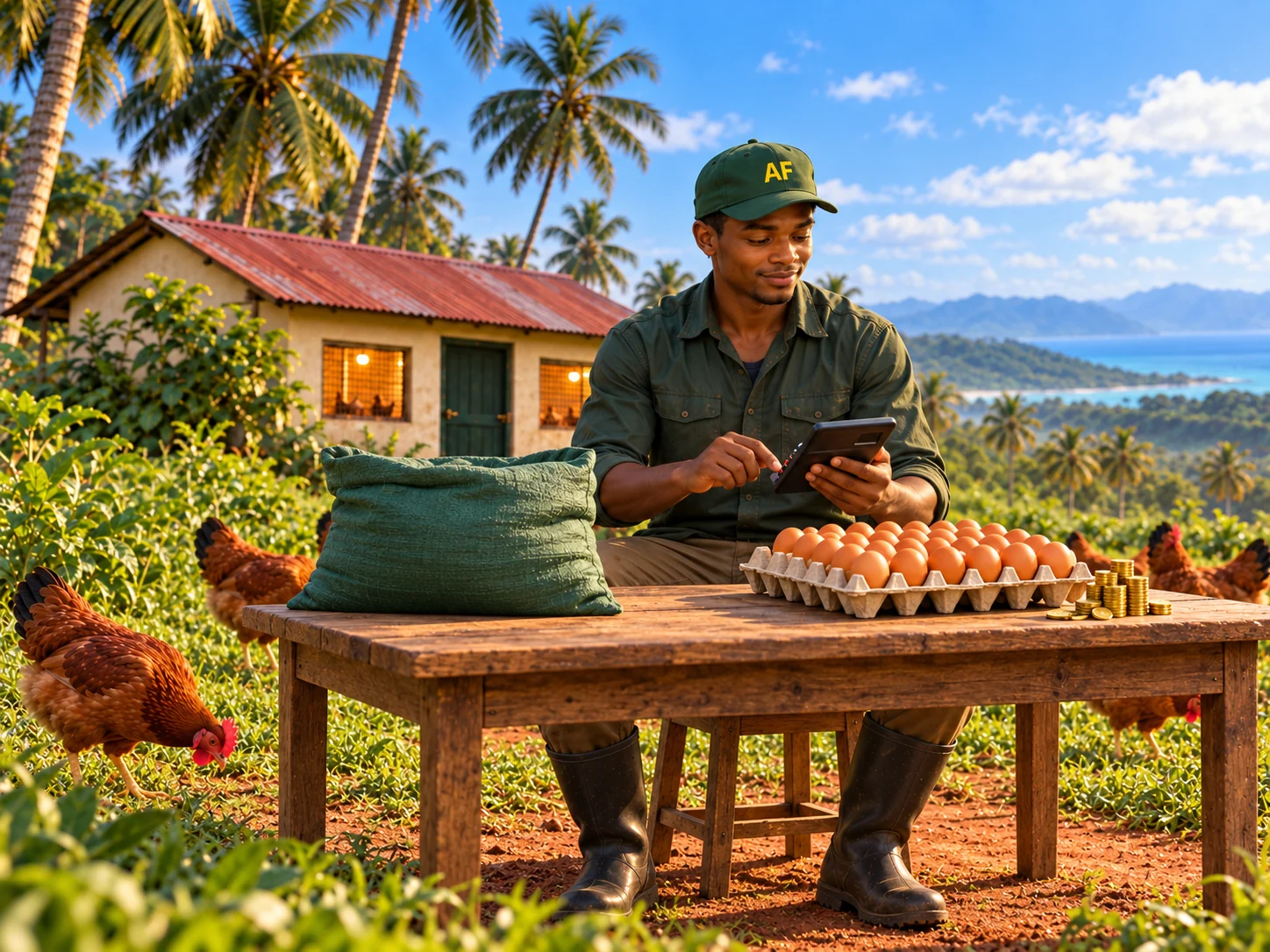 Adult smallholder farmer in his early-to-mid thirties reviewing the costs of feed and egg production