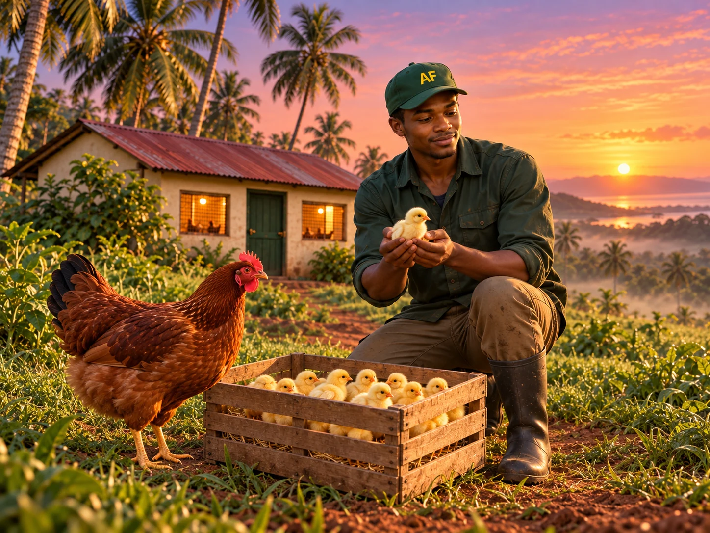 Adult smallholder farmer in his early-to-mid thirties inspecting a chick on his coastal Kenyan poultry farm
