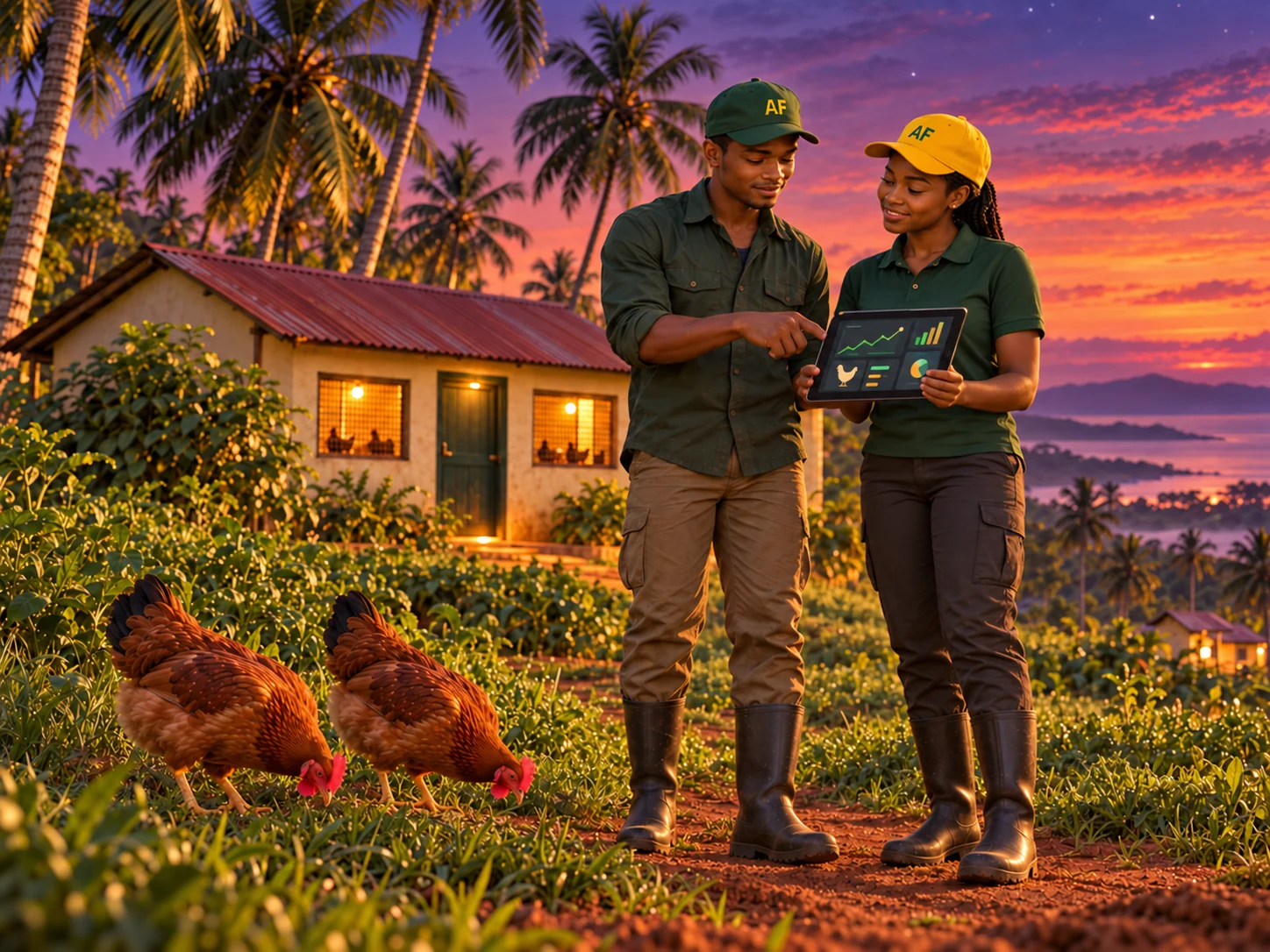Adult smallholder farmer and an Afrifama technical-support officer reviewing farm data together