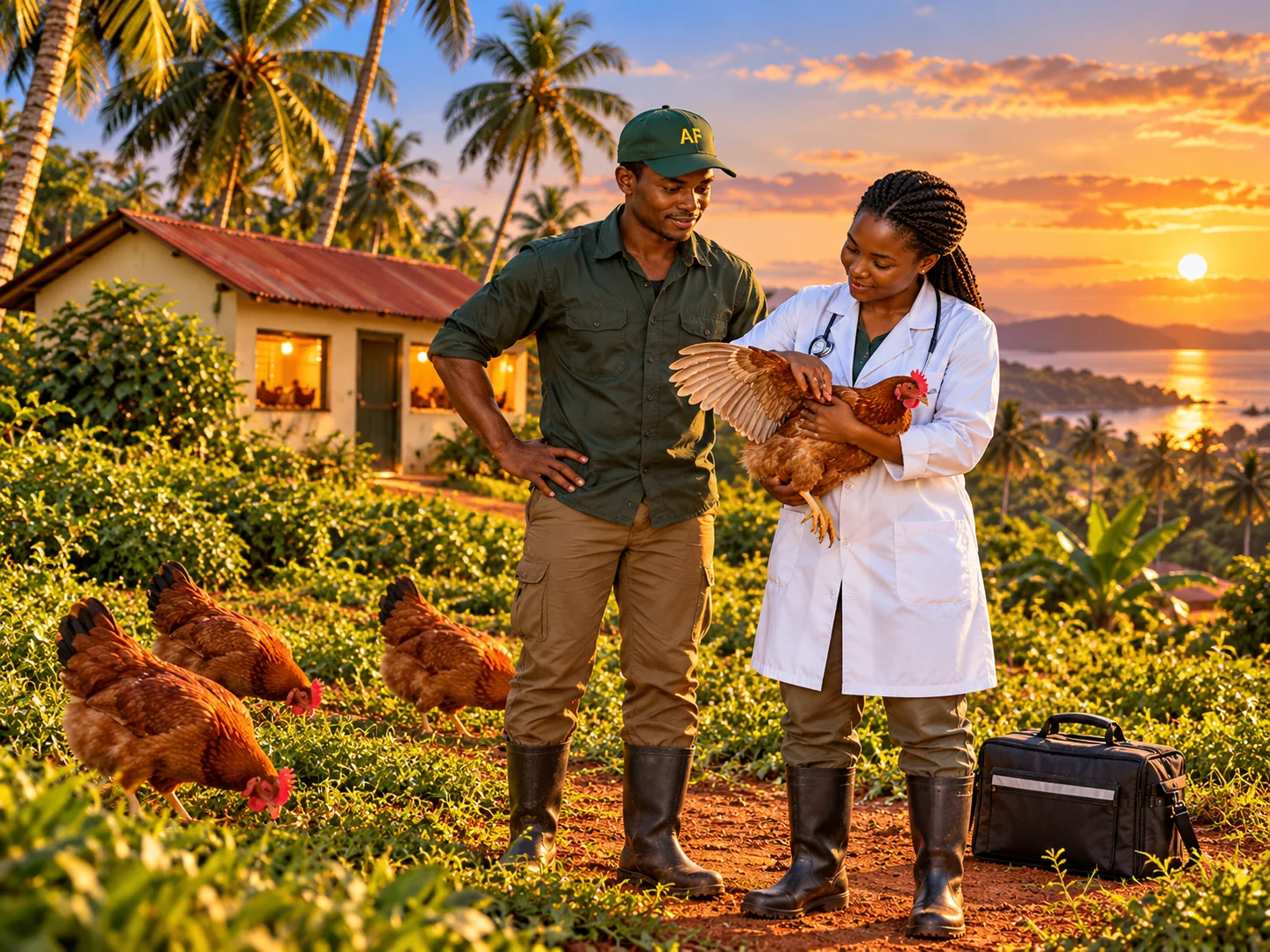 Technical-support officer demonstrating a poultry health check to an adult smallholder farmer