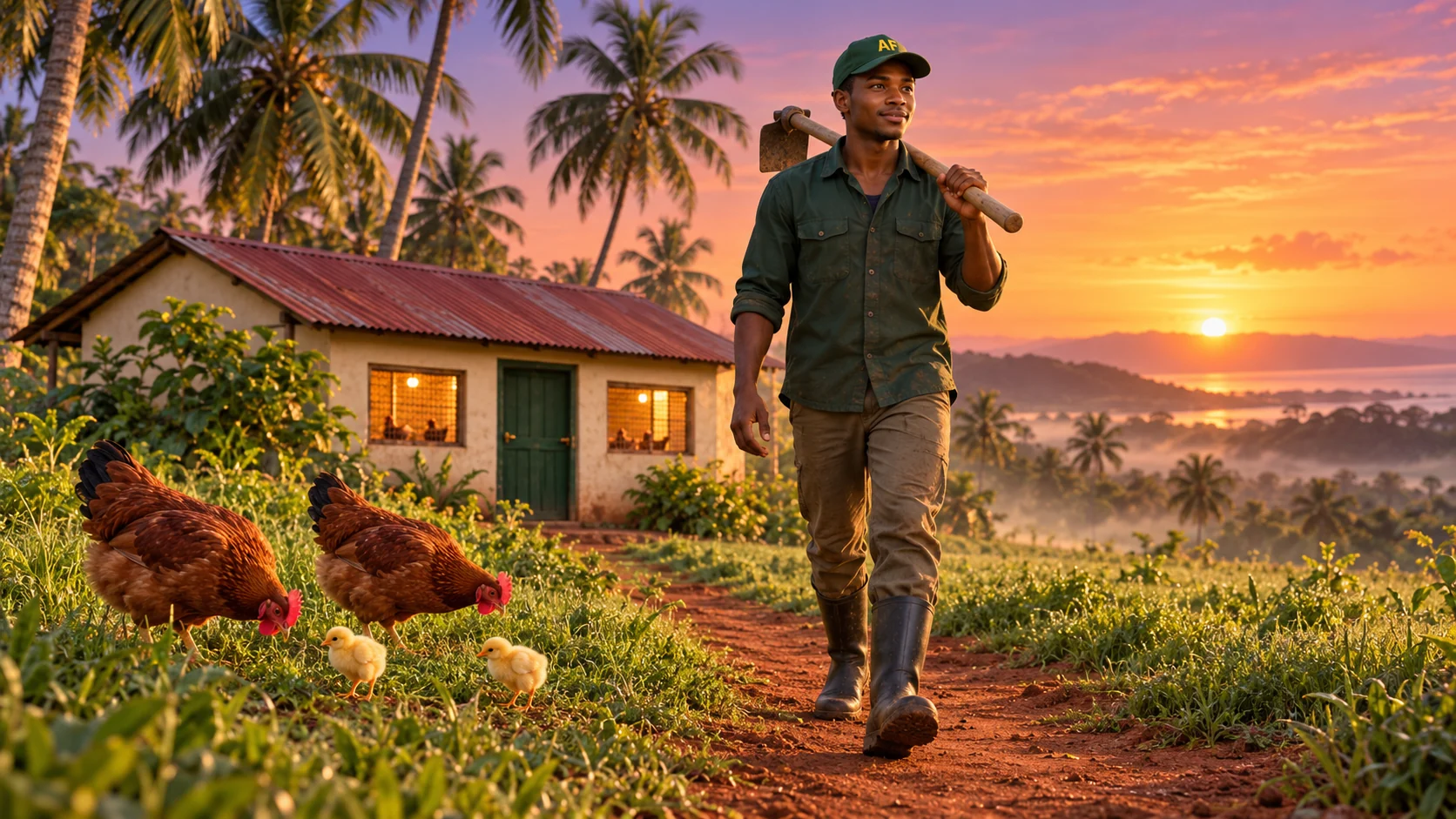 Adult smallholder poultry farmer in his early-to-mid thirties walking beside hens and chicks on his coastal Kenyan farm